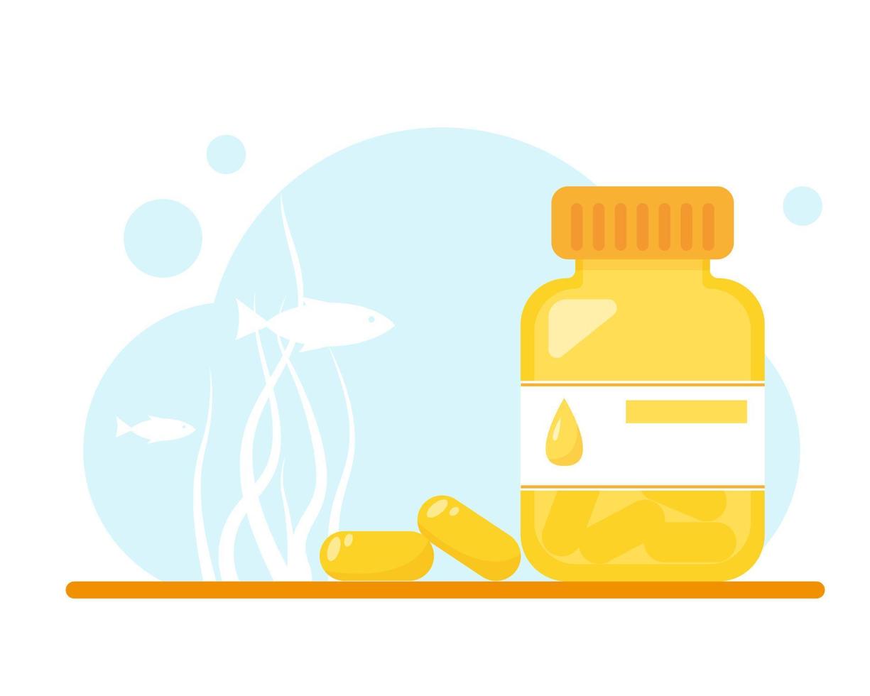 Fish oil capsules with packaging on blue sea background. Flat vector illustration.