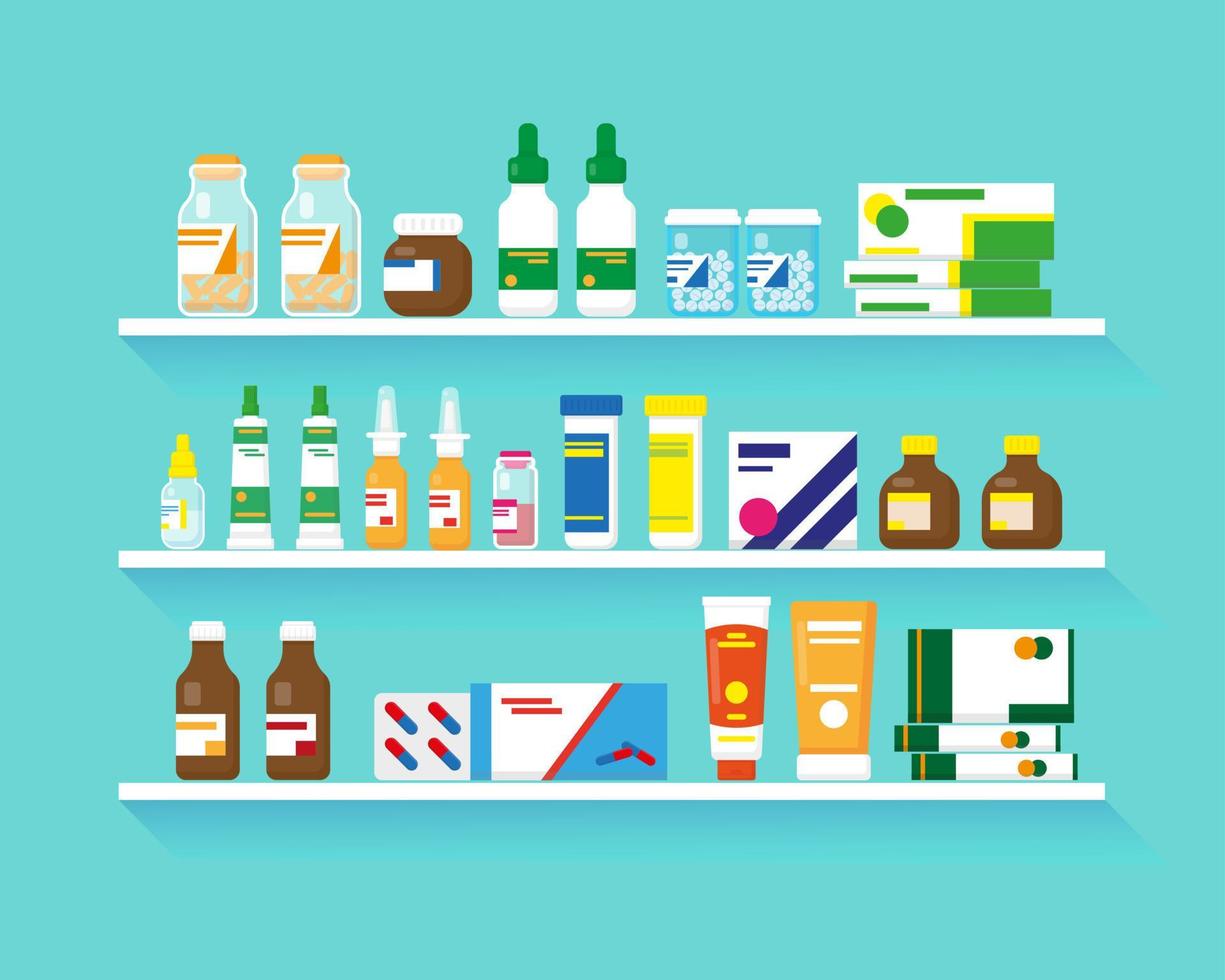 Shelves with medication. Different types of drugs on three shelves. Flat vector illustration.