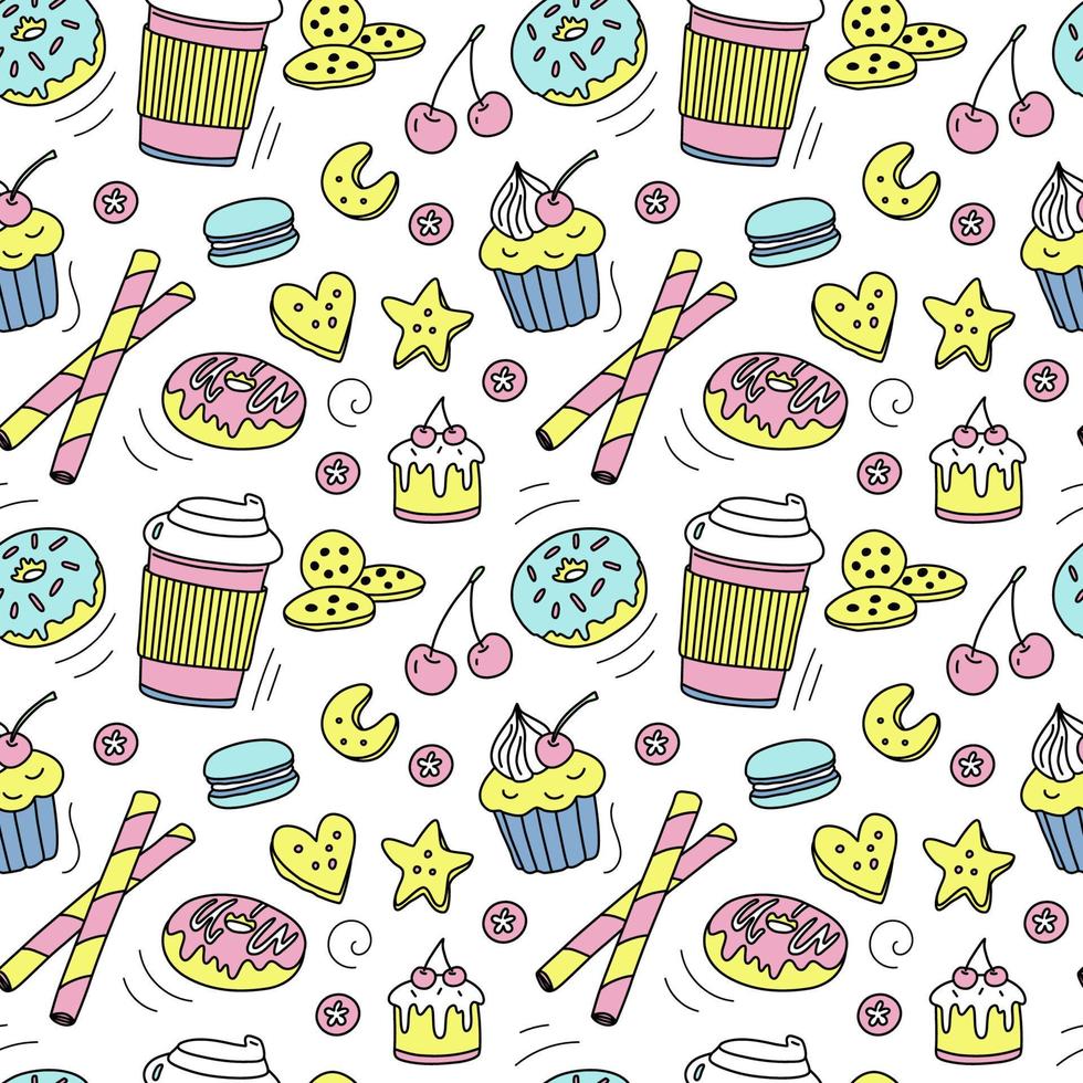 Seamless pattern with cartoon doodle desserts. Vector background.