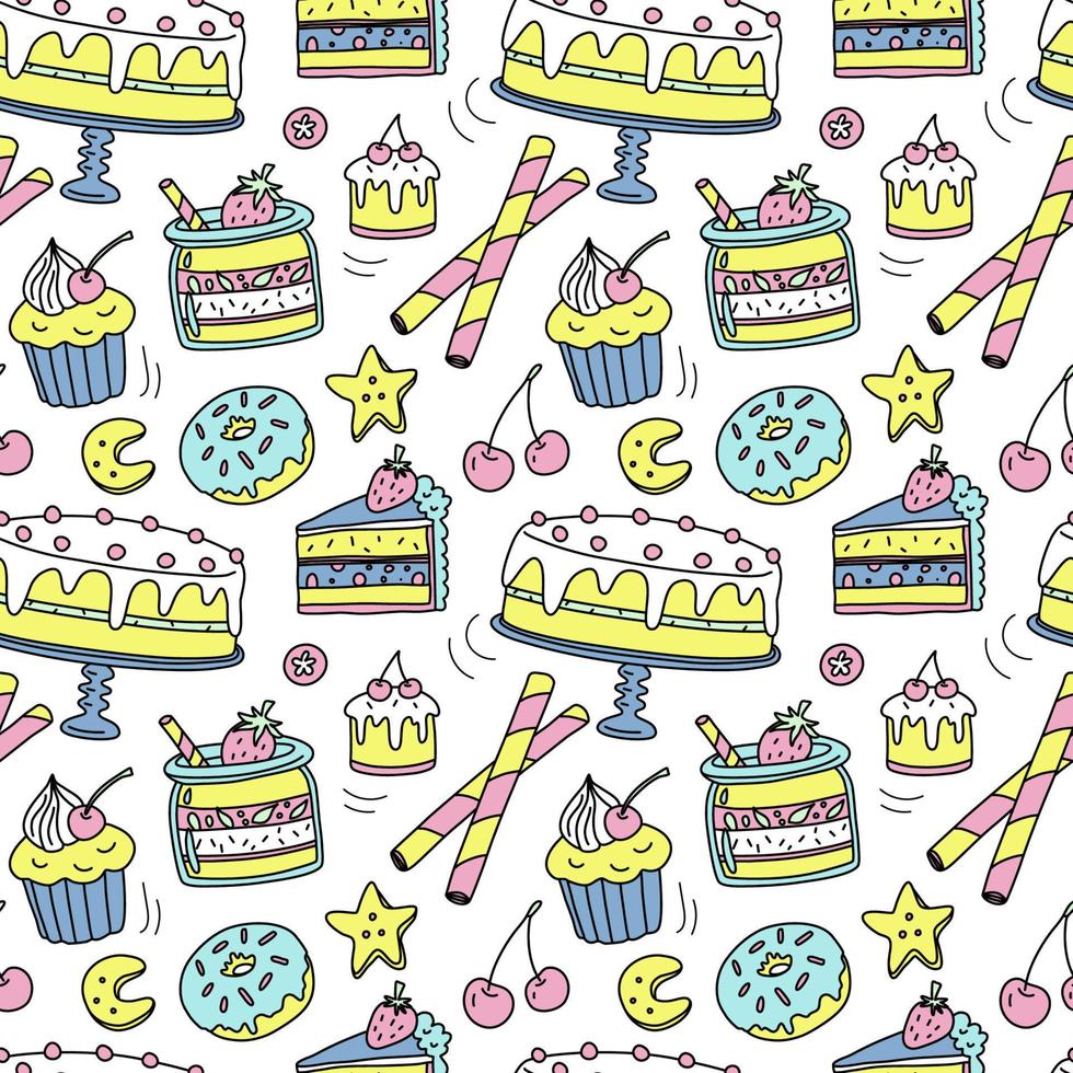 Desserts seamless repeating pattern. Vector cartoon doodle pattern.