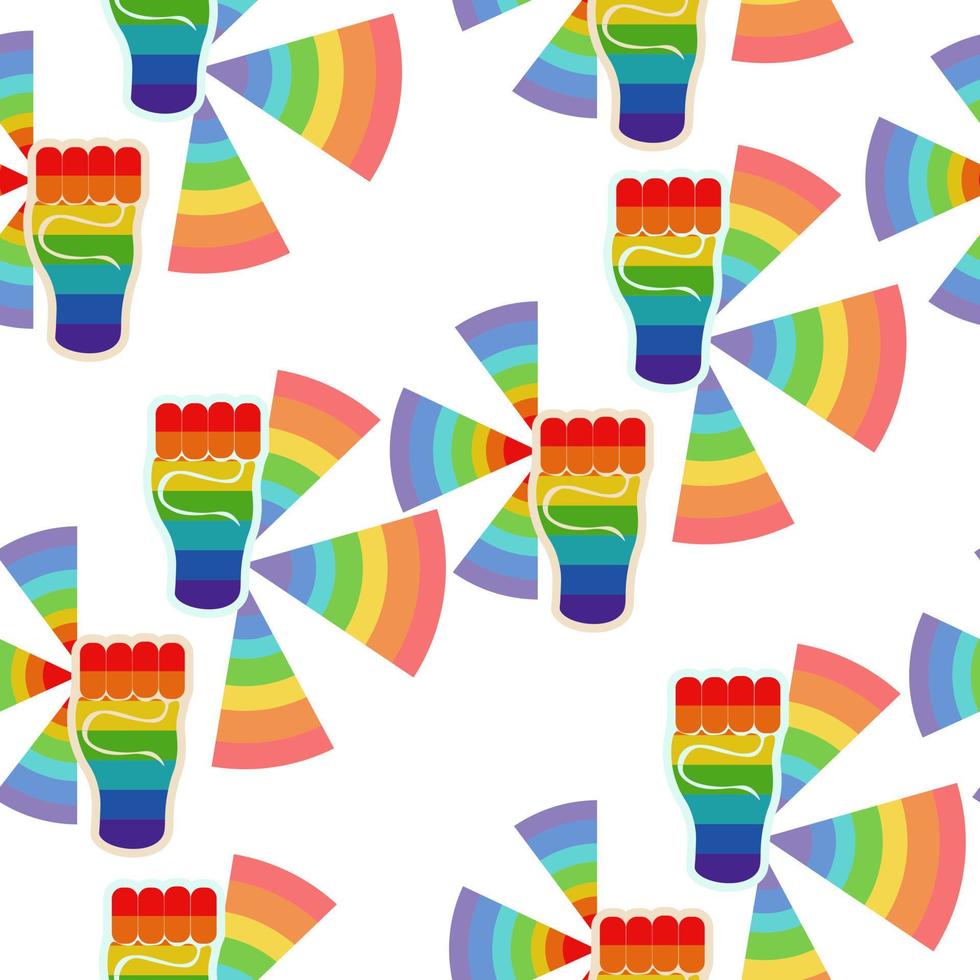 Pride seamless pattern, rainbow hand and rays on white background vector
