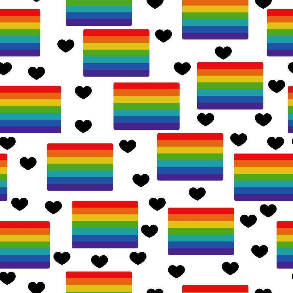 Pride seamless pattern, rainbow flag and heart silhouettes on white background vector