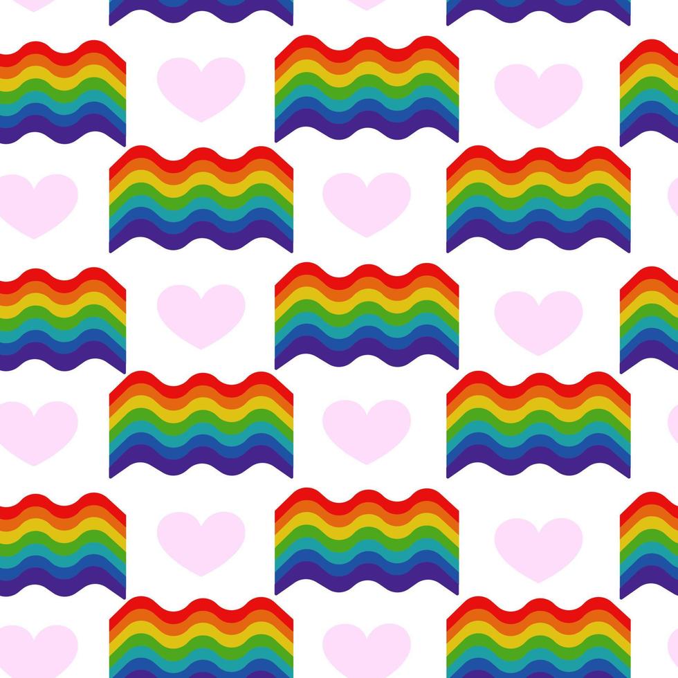 Pride seamless pattern, rainbow flag and pink hearts on white background vector