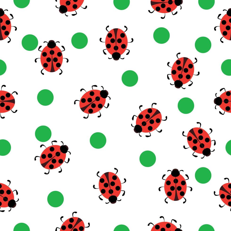 Ladybugs seamless pattern, cute insects and green dots on white background vector