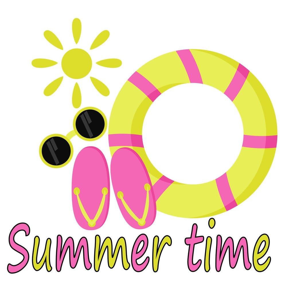 Summer time, bright flip flops, swimming circle and goggles summer theme lettering for design or booklet vector