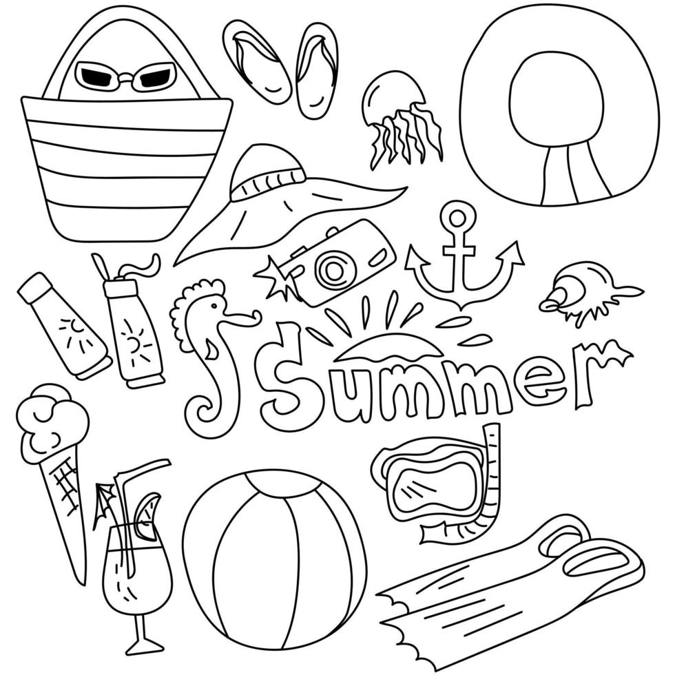 A set of doodles on a summer theme, contour drawings of items for a summer vacation vector