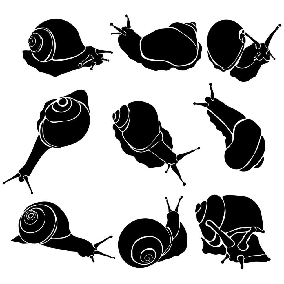 grape snails silhouette set, crawling animals or popular delicacies vector