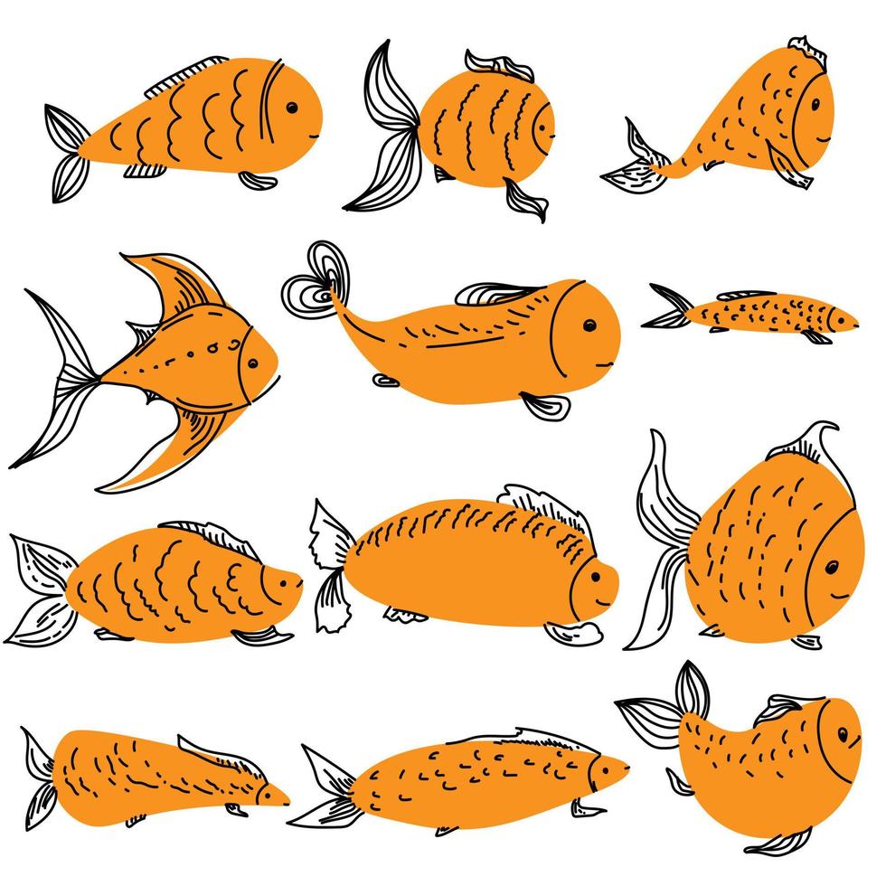 Set of doodle fish, stylized underwater animals for design or creativity vector