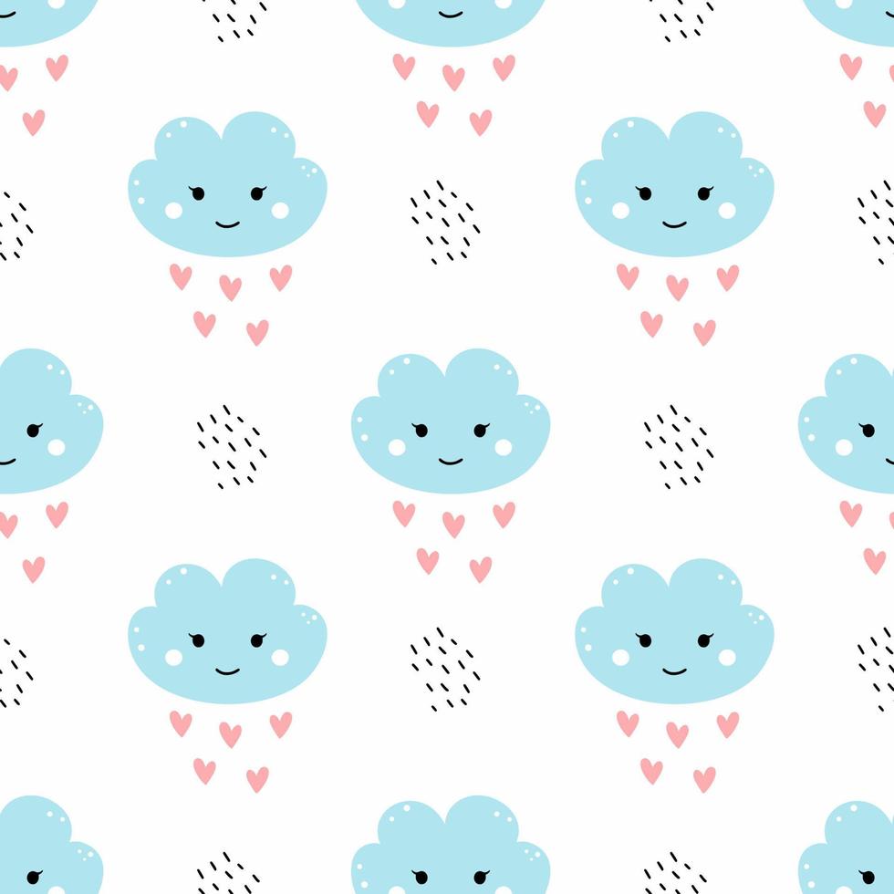 Seamless pattern for sewing children clothing. Blue cloud on white background. Wallpaper in nursery. Cute doodle illustration. Rain heart. vector