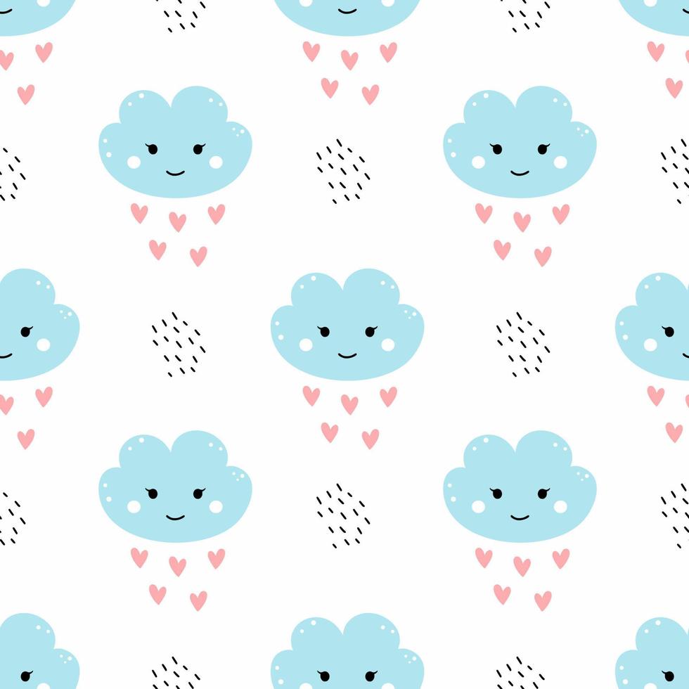 patrón sin costuras para coser ropa de niños. nube azul sobre fondo blanco. papel tapiz en vivero. linda ilustración de garabatos. corazón de lluvia. vector