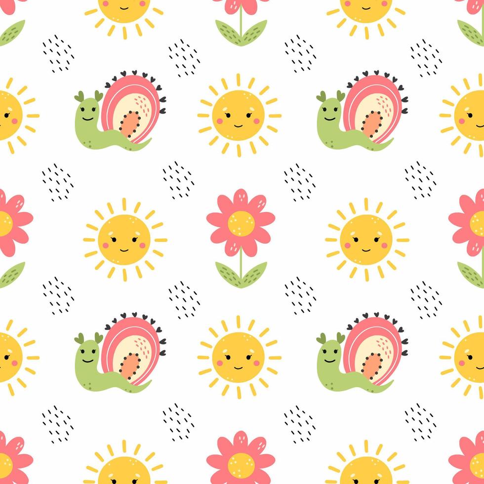 Cute baby pattern. Snail with rainbow. Summer background in nursery. Wallpaper for printing on fabric and packaging paper. vector