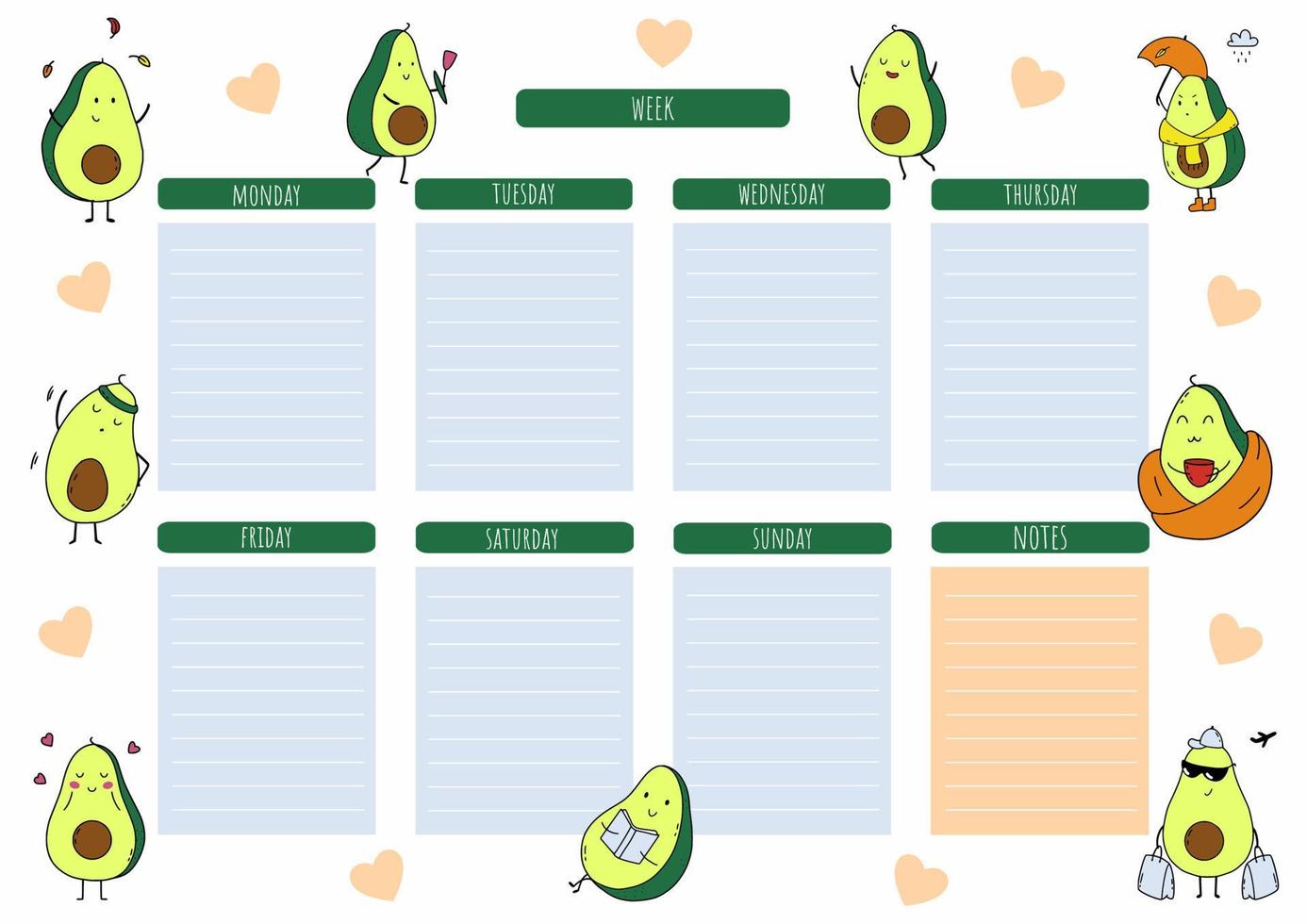 Planner for week with cute avocado. To do list. Lesson schedule. vector