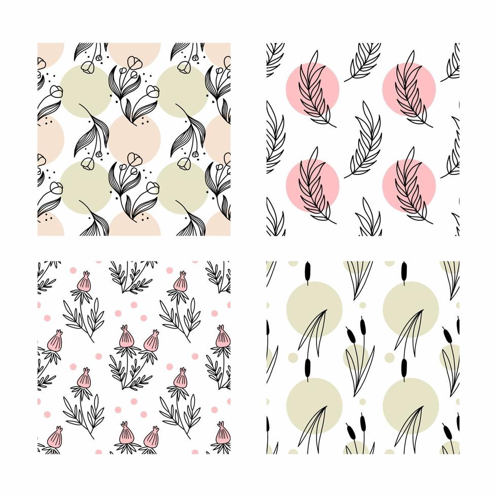 Set of floral patterns for sewing clothes and printing on fabric. Vector doodle illustration.