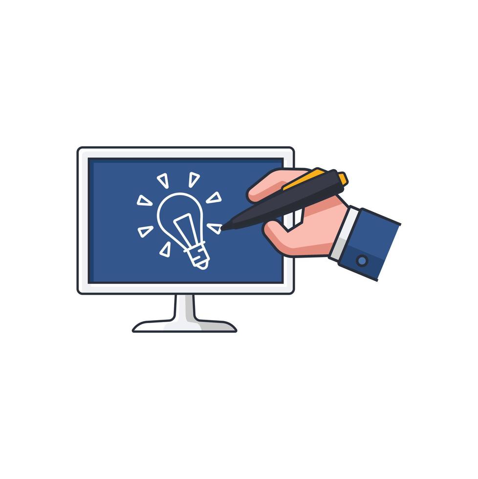 Collection colored thin icon of drawing lightbulb on TV display, business idea concept vector illustration.