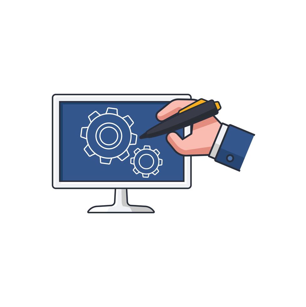 Collection colored thin icon of drawing gear on TV display, business idea concept vector illustration.