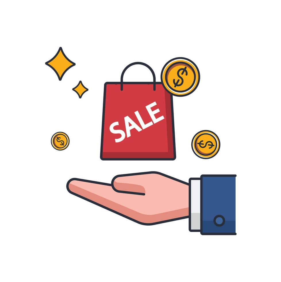 Collection colored thin icon of shopping bag on hand, money coin, business technology concept vector illustration.