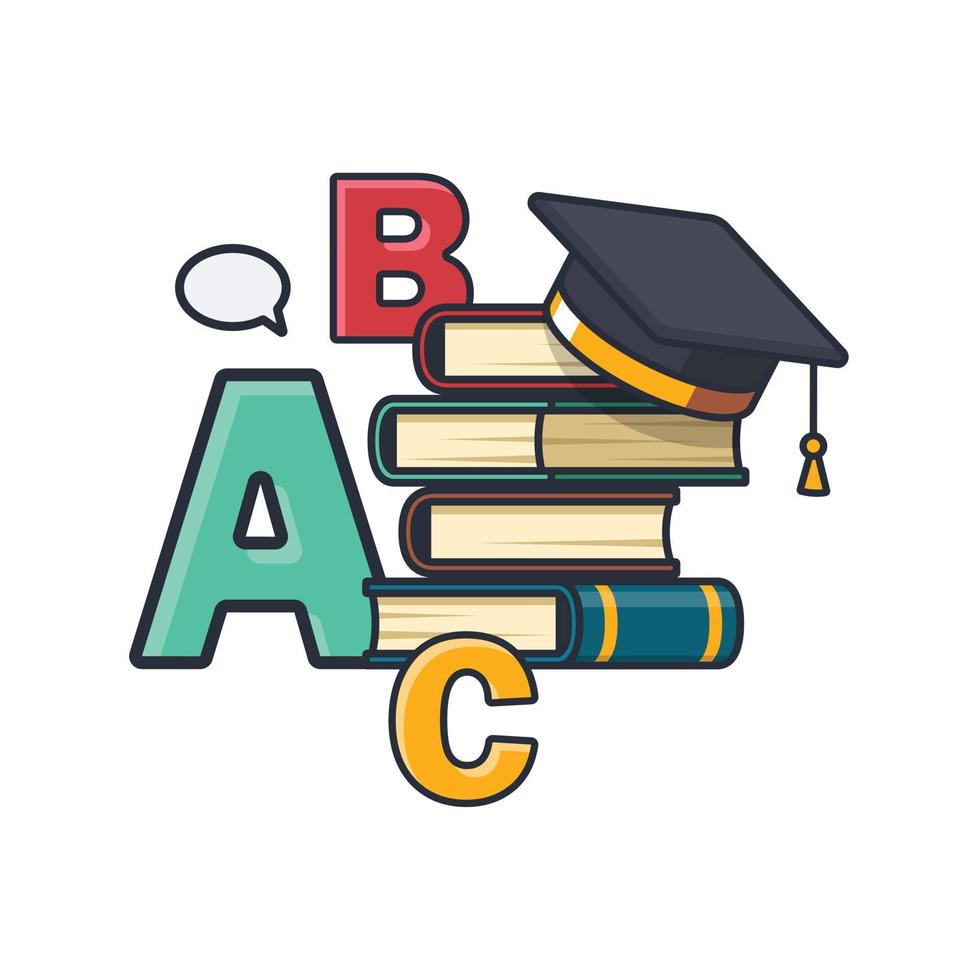 Collection colored thin icon of English language learning subject, book, graduated hat , learning and education concept vector illustration.