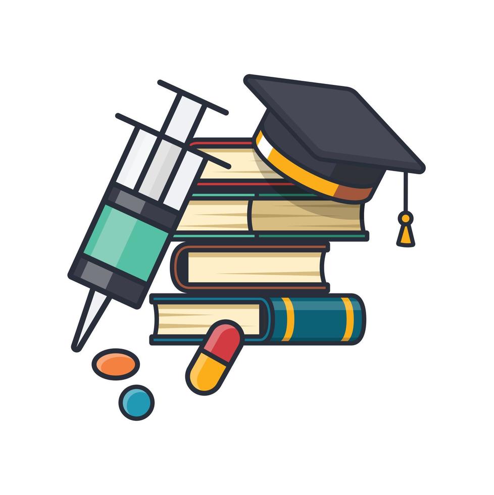 Collection colored thin icon of medical learning subject, injection needle, drug, book, graduated hat , learning and education concept vector illustration.