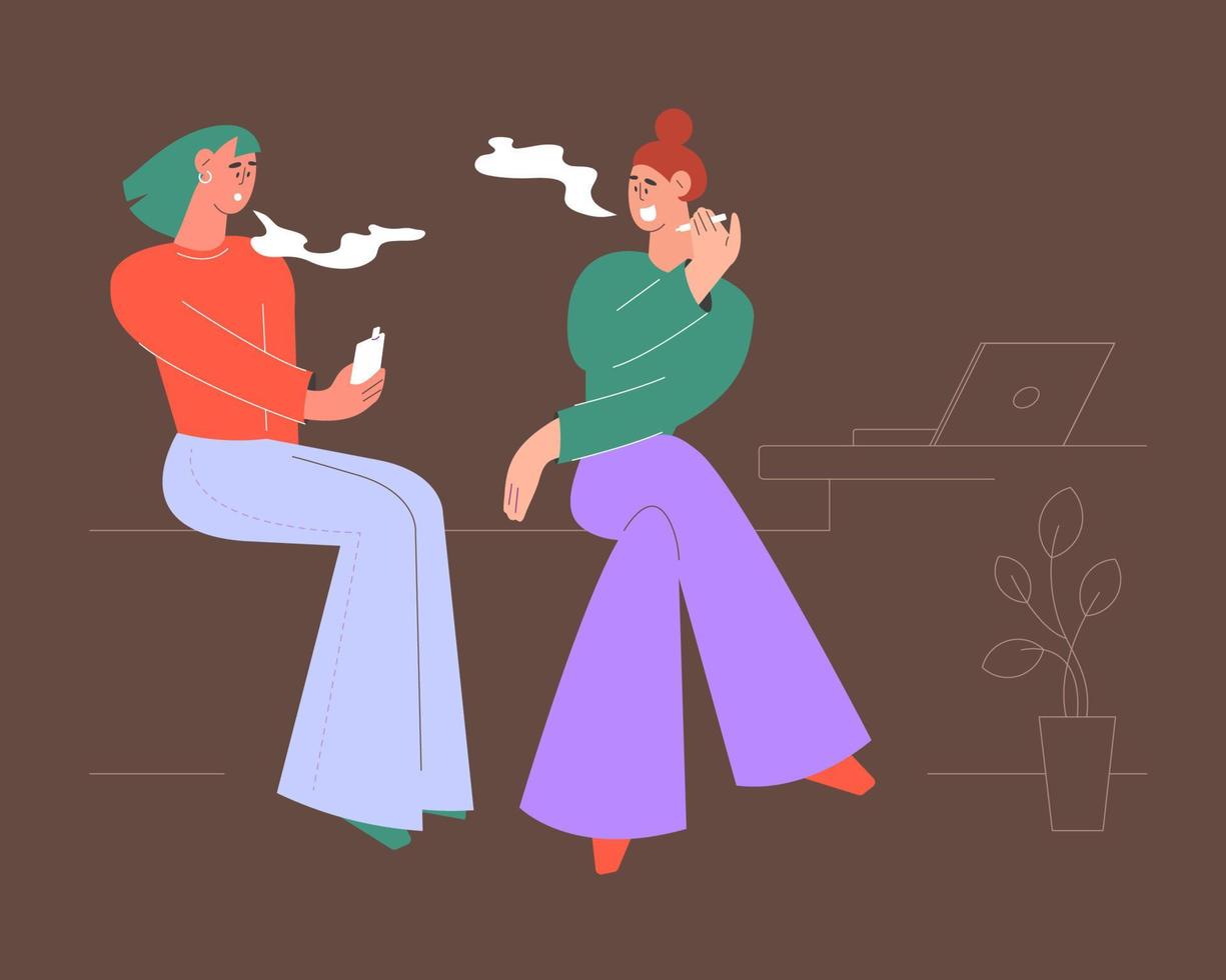 Young female diverse persons with colored hair vaping, smoking vape vector