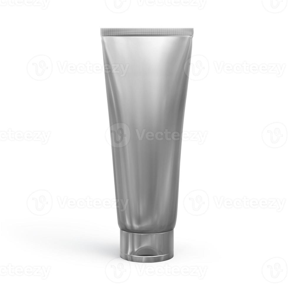 Silver metallic plastic cosmetic tube for cream or gel mockup isolated on white background. 3d render photo