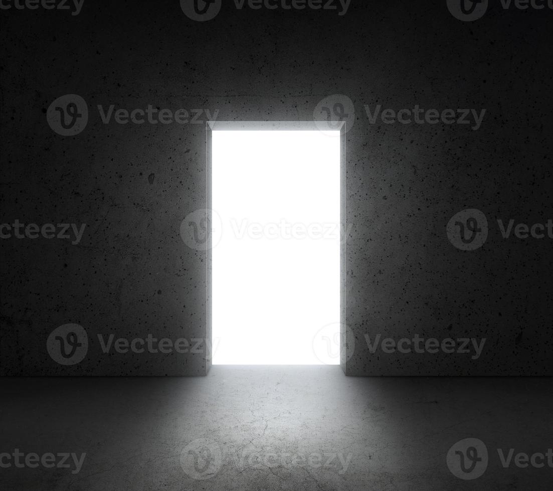 la luz blanca brillante brilla desde la puerta en la habitación oscura. sueño, éxito, oportunidad. concepto de negocio foto