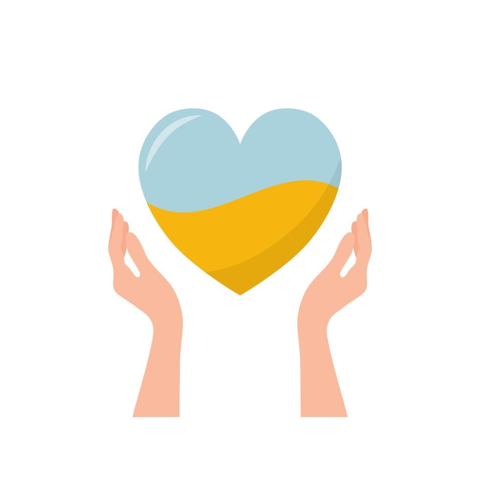 Support Ukraine, hands holding a heart with colors of Ukrainian flag isolated on the white background. Volunteering concept. Vector illustration, icon