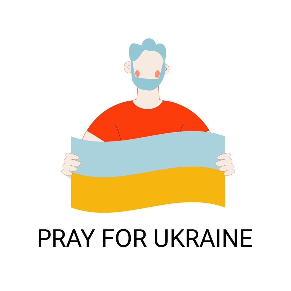 Support Ukraine, a man holding a Ukrainian flag isolated on the white background. Volunteering concept. Vector illustration