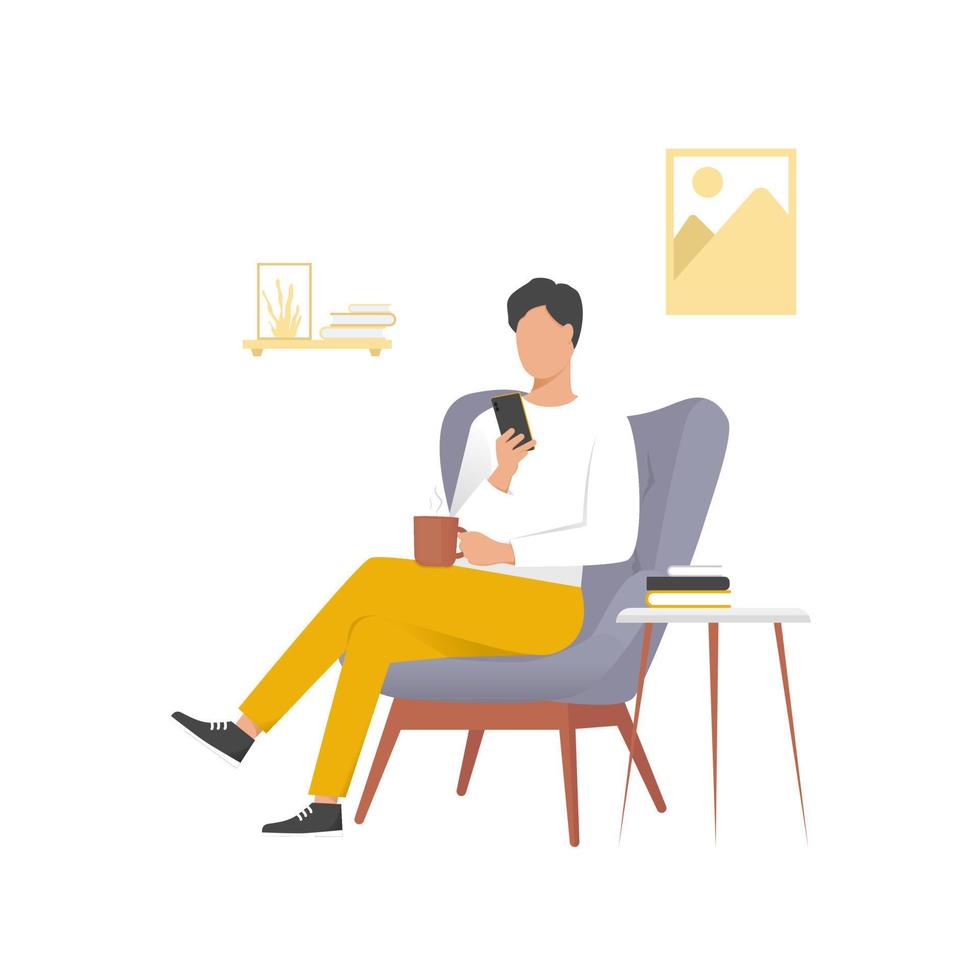 A man sitting in the chair with telephone and cup of coffee in room or cafe. Social media concept. Vector illustration