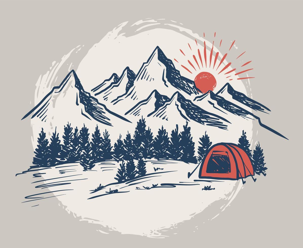 Sketch Camping in nature set, Mountain landscape, vector illustrations.