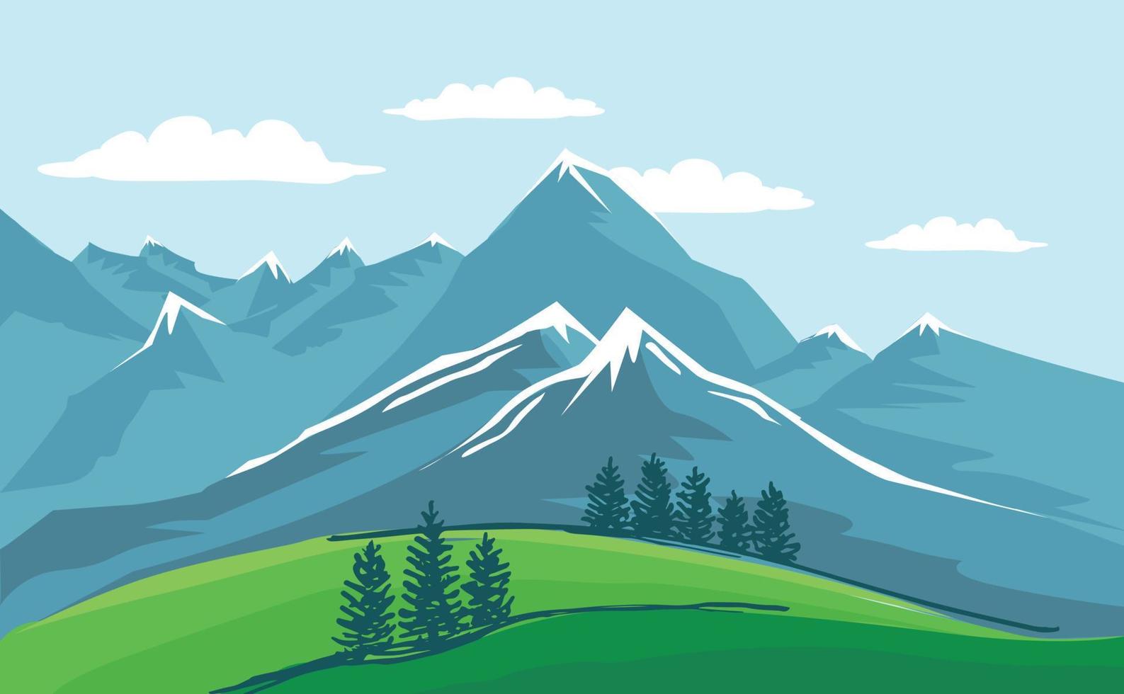 Mountains, fir trees, green field. Vector. vector