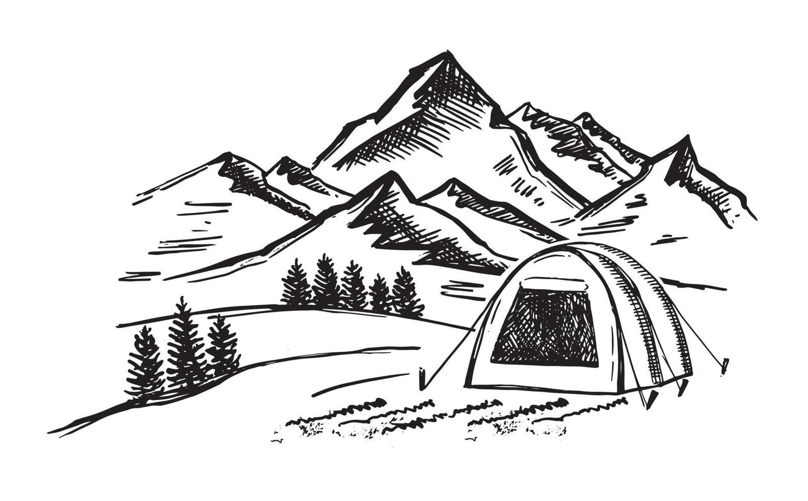 Camping in nature, Mountain landscape, sketch style, vector illustrations.