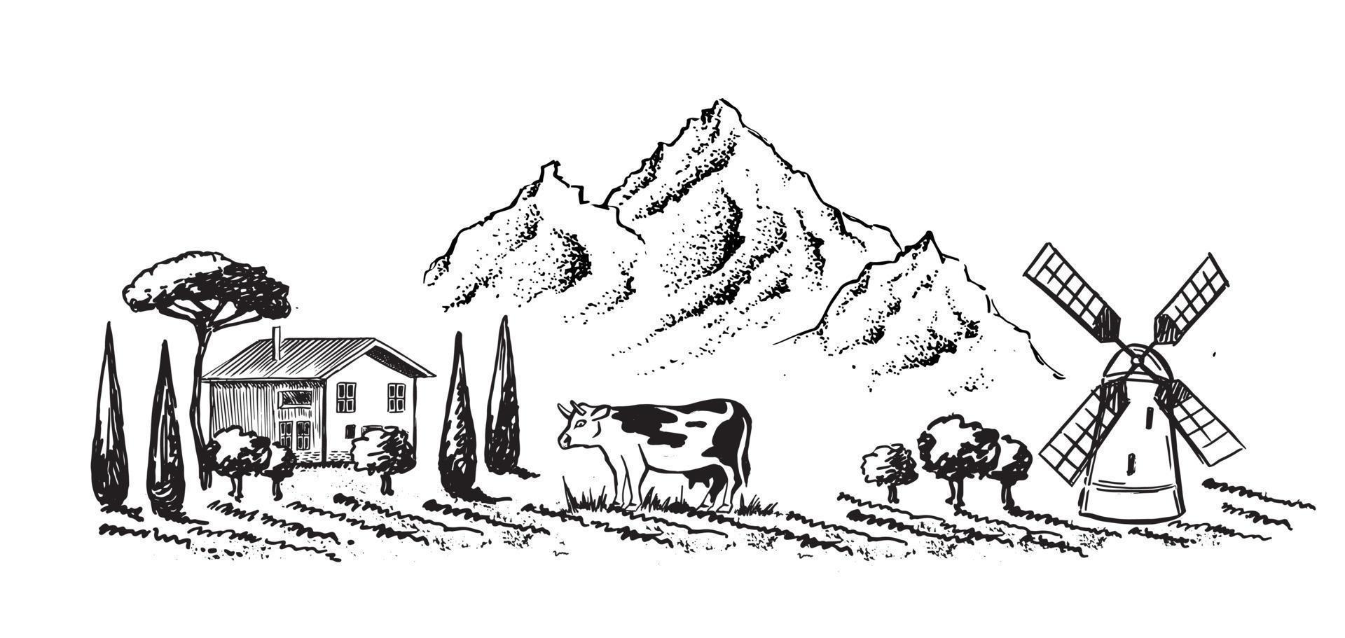 paisaje de montaña. vaca en negro. molino. estilo de boceto, ilustración vectorial. vector