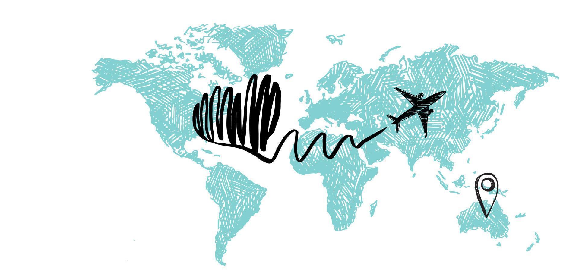 mapa del mundo, el avión dibujó un corazón. estilo grunge, ilustraciones vectoriales. vector