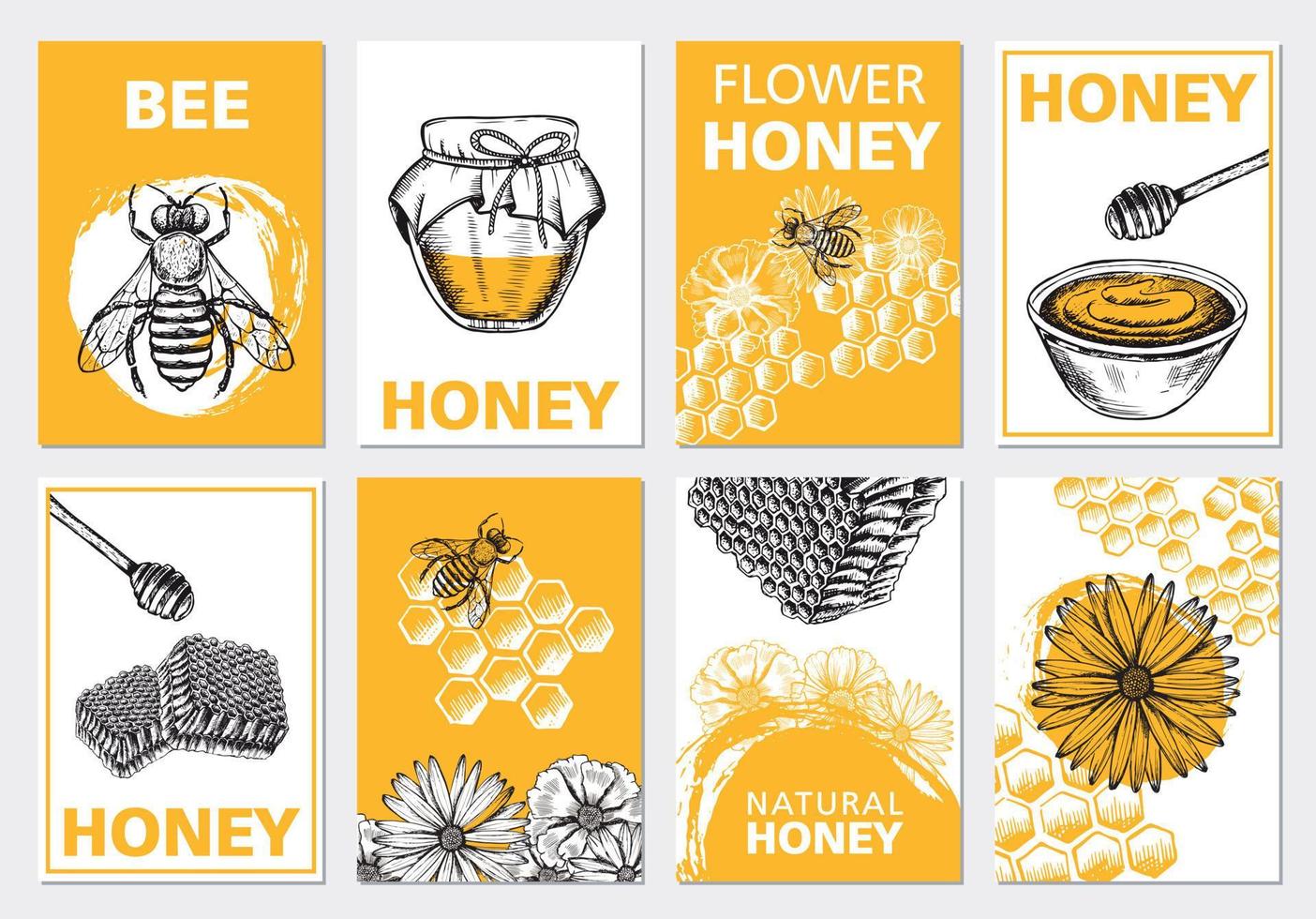 juego de volantes de miel y abejas, ilustraciones dibujadas a mano. vector. vector