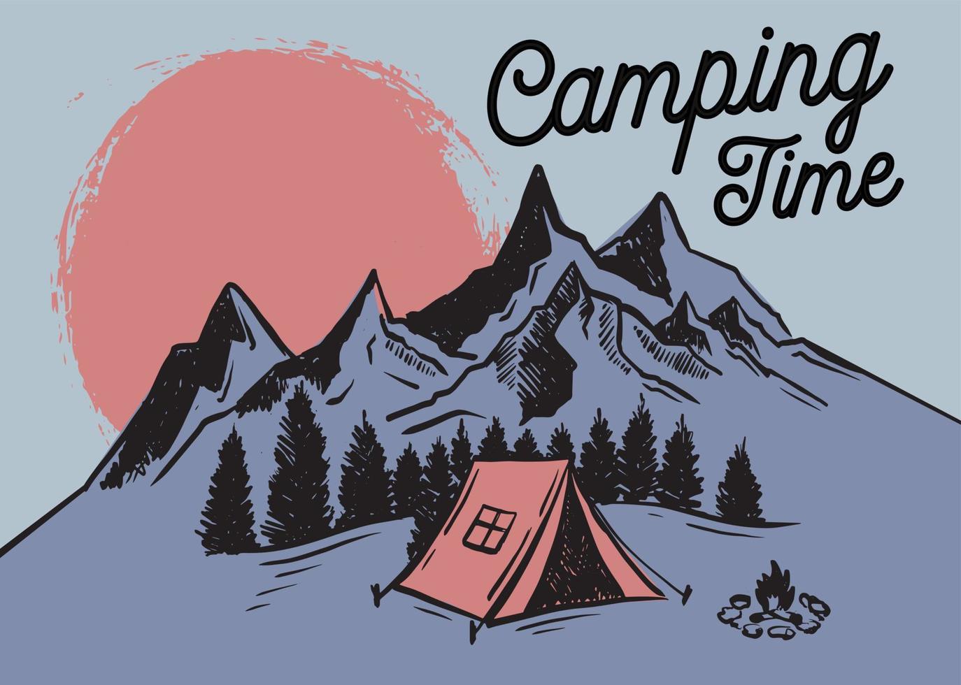 Sketch Camping in nature set, Mountain landscape, vector illustrations.