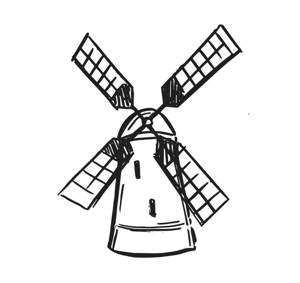 Windmill, Bakery shop emblem. Hand -drawn Vector illustration.
