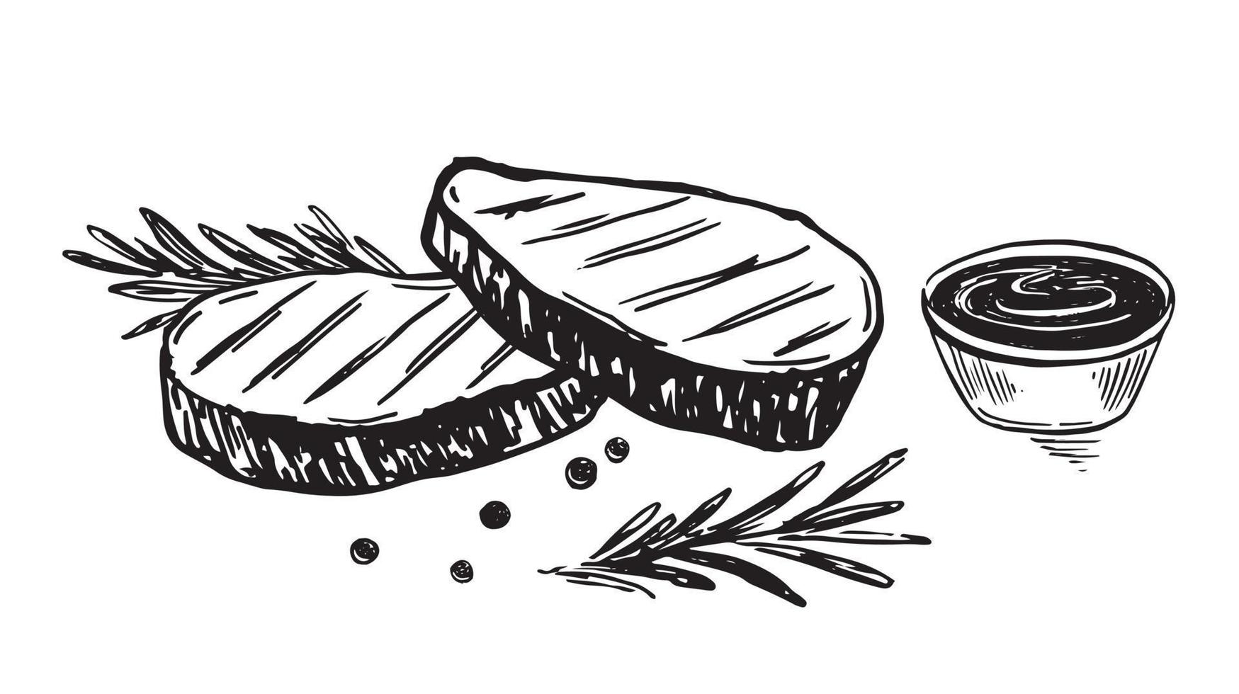 Barbecue beef steak hand-drawn style, vector illustrations.