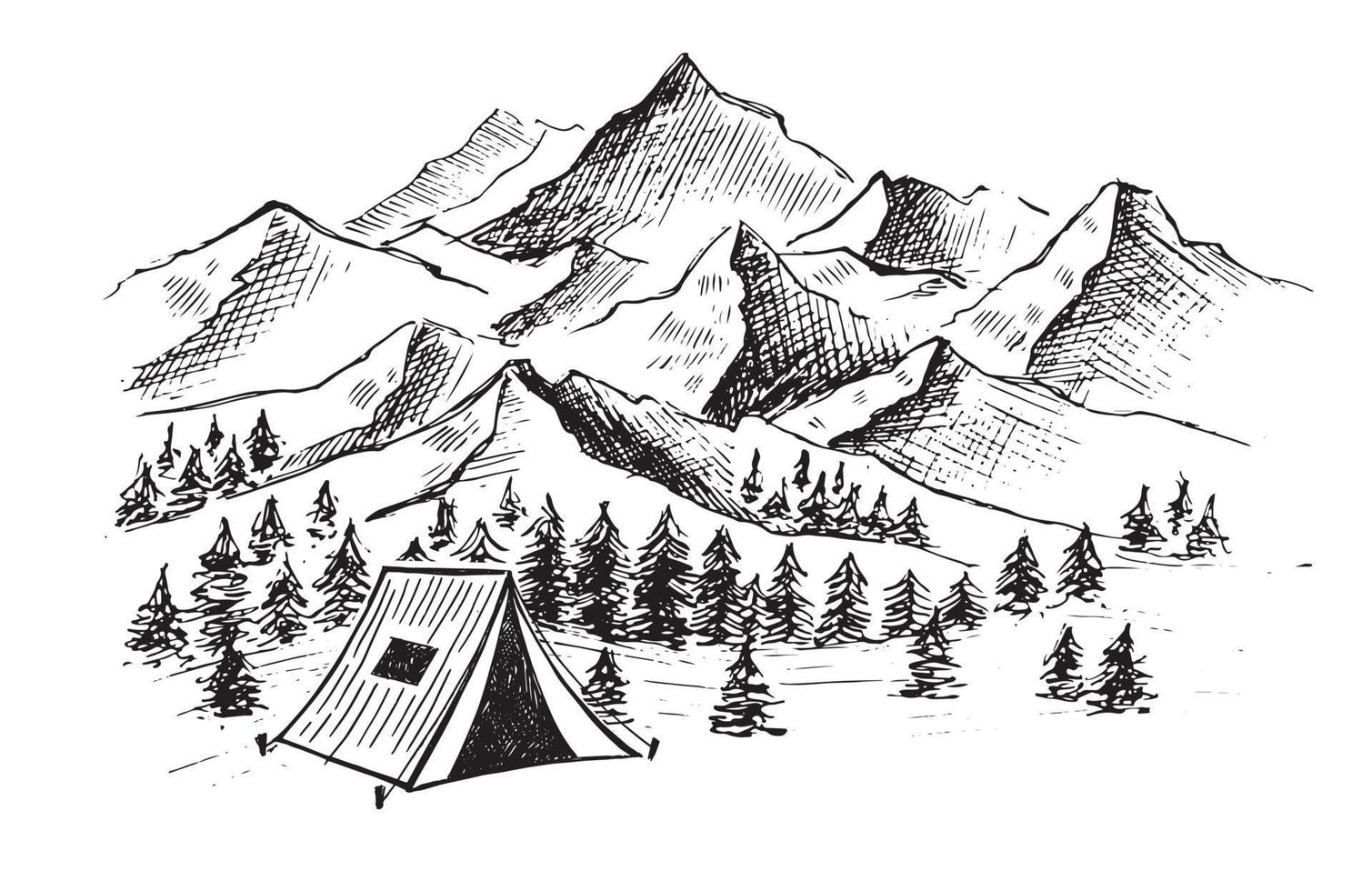 Sketch Camping in nature set, Mountain landscape, vector illustrations.