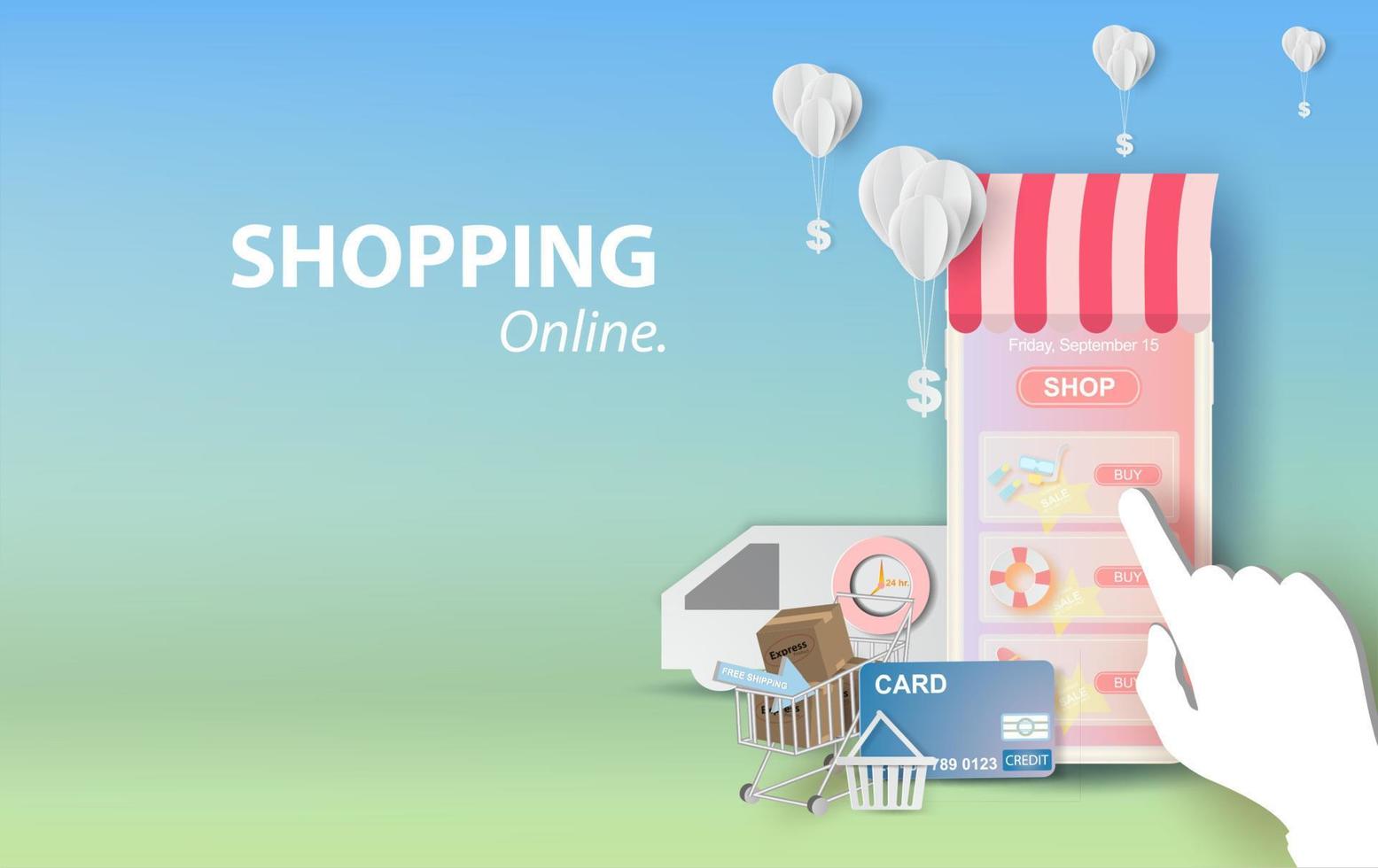 illustration of shopping online summer sale on Mobile Application Vector Concept. banner of phone app templates design. Website or Mobile Application Vector Concept Digital marketing view.paper art