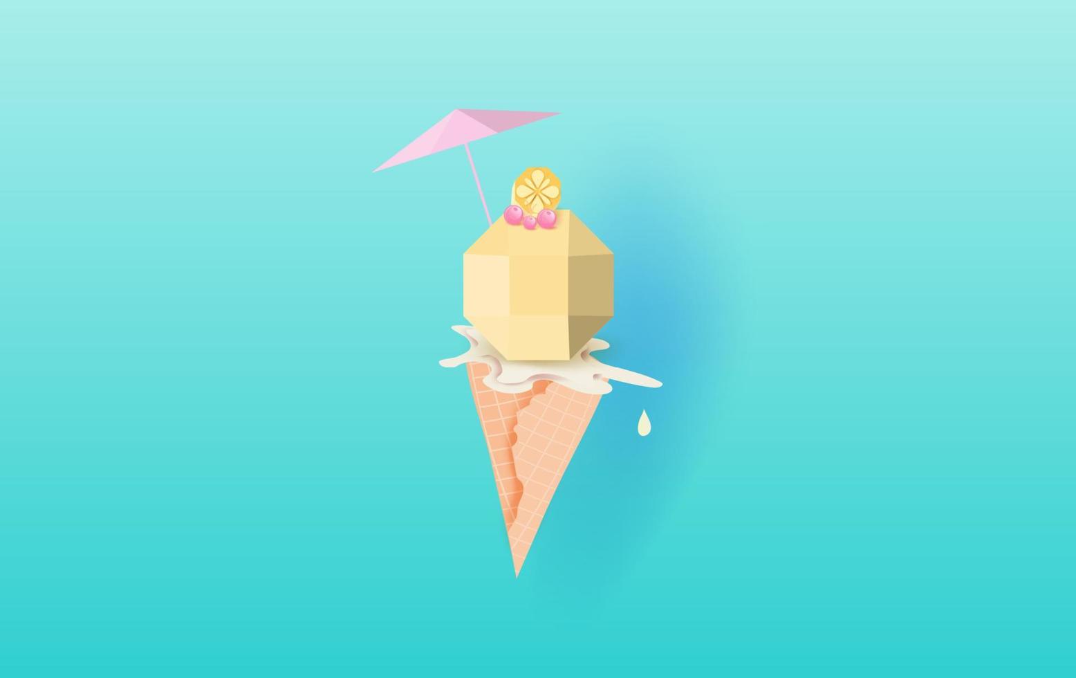3D Paper art of  Ice cream  with cherry and lemon on the top vanilla cone melting on blue background.Vanilla Cream Melted in Wafer Background .Colorful pop of card or poster.summer season vector