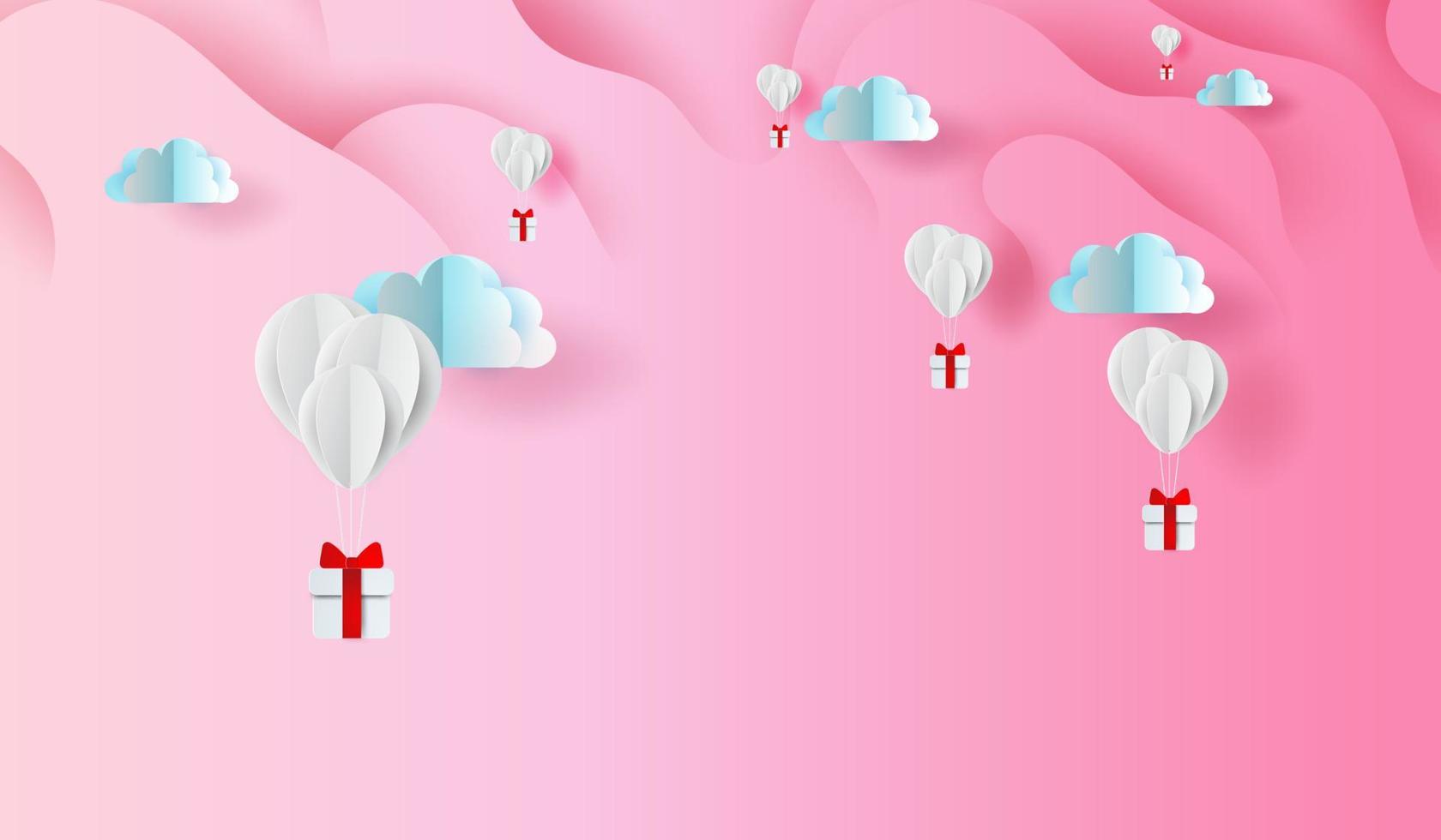 3D Paper art and craft design of balloons gift on Abstract Curve shape pink sky background,floating with GiftBox in the air clouds.Valentine's day concept.elements background vector for greeting card