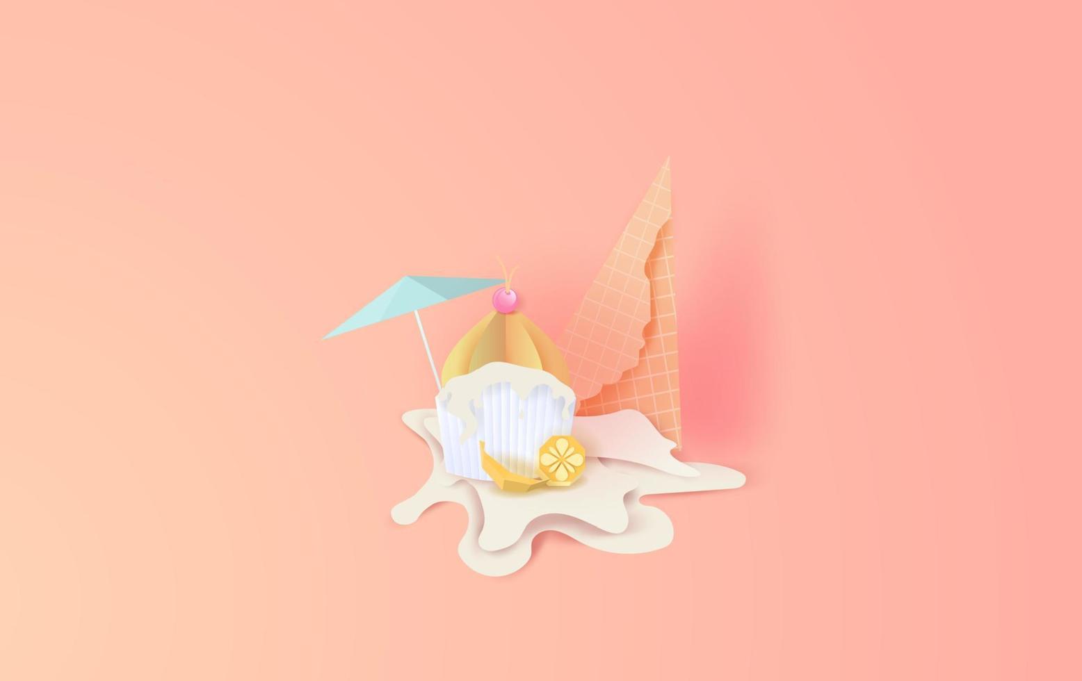 El arte en papel 3d de un lindo cono de pastel de taza de vainilla blanca y helado caen al suelo. cerezas y limón derritiéndose sobre fondo de color pastel. diseño gráfico vectorial e ilustración concepto de temporada de verano. vector