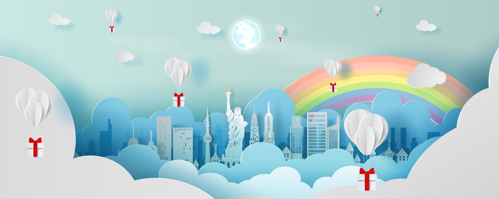 Paper art balloon gift of Panorama top world landmark city America travel.World famous countries America white paper cut style for travel holiday poster and postcard.Vector illustration pastel color vector