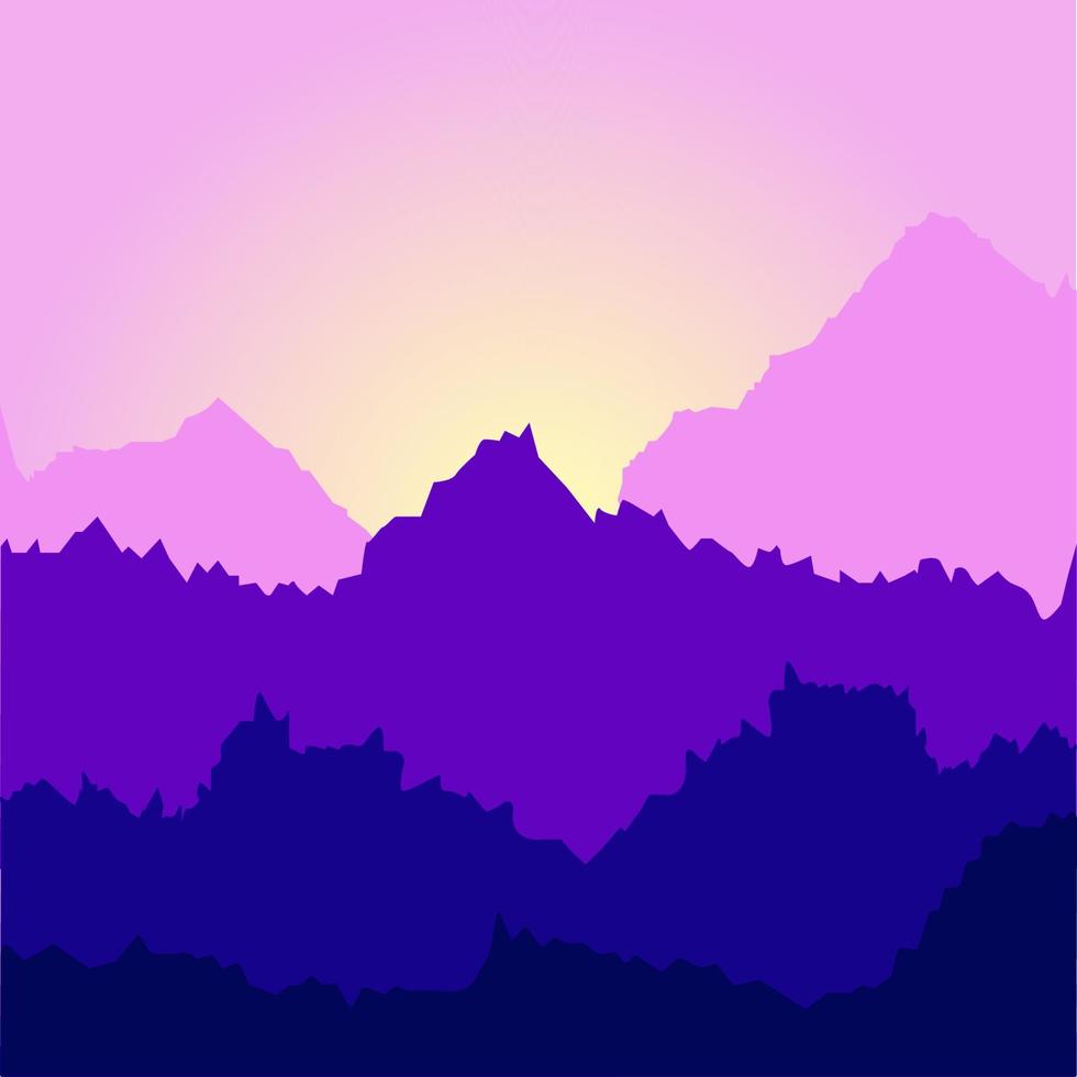 silueta de montaña de sombra púrpura con sol naciente vector