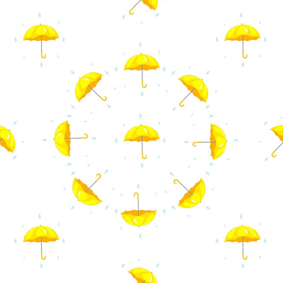 Seamless pattern with cartoon yellow umbrellas and rain drops for fabric. Vector