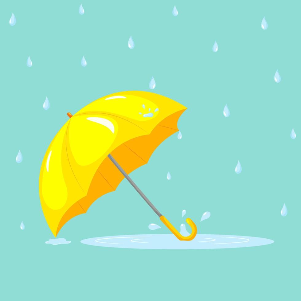 paraguas amarillo vectorial de dibujos animados con charco azul debajo.  monzón. gotas de lluvia cayendo 8361076 Vector en Vecteezy