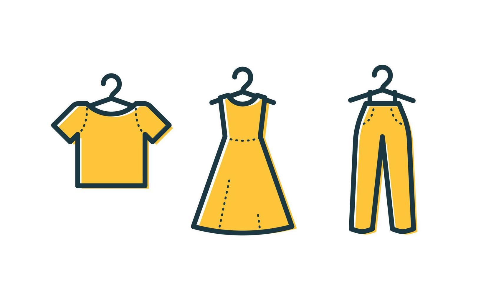 Cloth on hanger collection. T-shirt Dress Trousers line icon. Vector