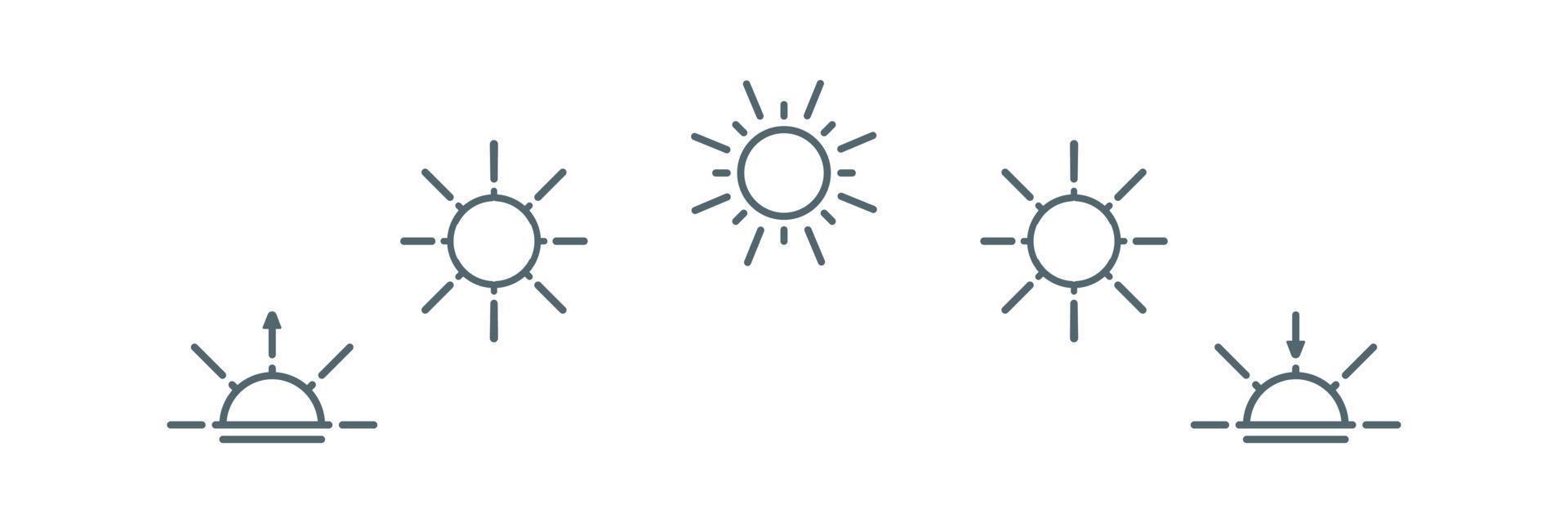 Sunrise sunset line icon set. Day time light signs. Isolated object on white background. Vector