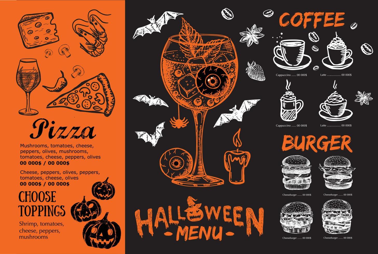 menú de cafetería restaurante, diseño de plantilla, menú de halloween, volante de comida. vector