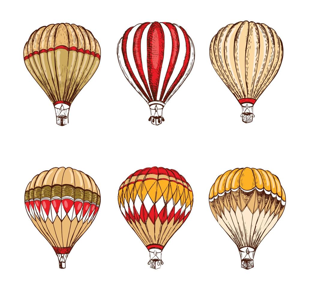 Hot air balloons flying. Hand drawn illustration vector